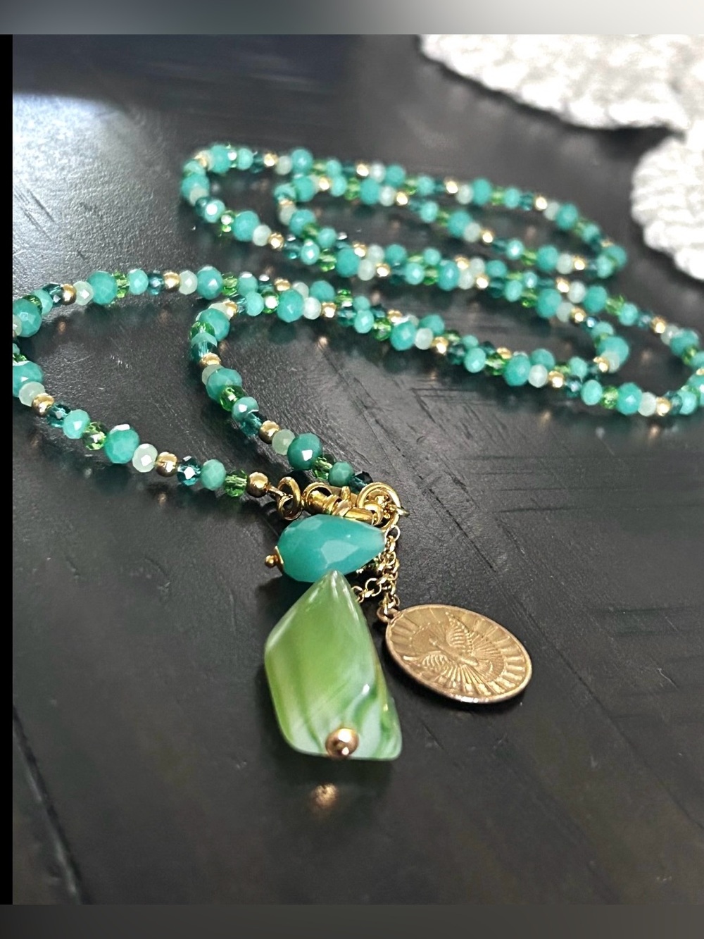 Green Beaded Double-Strand Pendant Necklace